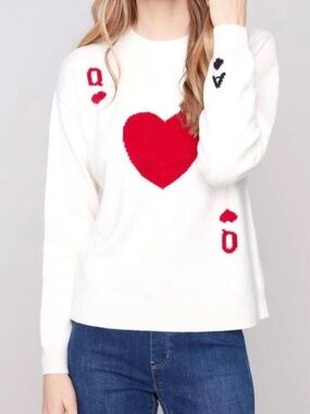 NWT Charlie B. Queen of Hearts Knit Crew Neck Long Sleeve white Sweater medium